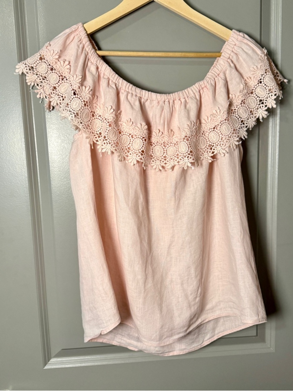 Melissa Paige Blush Pink Linen Off-Shoulder Top XL Crochet Lace Trim Peasant - Picture 3 of 6